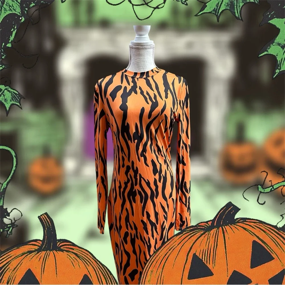 SHEIN sz LG long sleeve tiger print midi dress stretchy Halloween costume - Picture 6 of 9